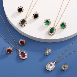 Luxury Jewelry For Women Copper Zircon Necklace And Earrings Square Oval Cut Gemstone Halo Design Elegant Gift