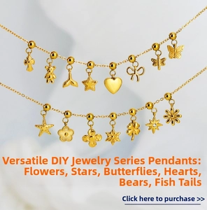 Detailed close-up of golden DIY necklace charms with bear, star, heart and butterfly shapes