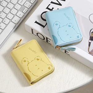 Cartoon Bear Accordion Card Holder PU Leather Multi Slot Zipper Wallet Portable Purse For Women Students Lovely