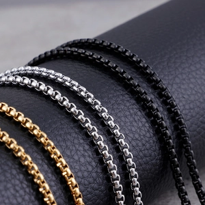 Polished 3mm stainless steel box chain necklaces in black, silver, and gold finishes