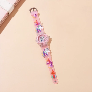 Pink cartoon unicorn kids quartz watch with 3D embossed silicone strap and luminous LED