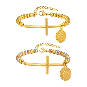 Religious stainless steel beaded bracelet with cross and oval virgin mary pendant charms