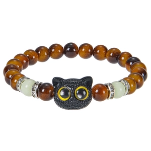 Handmade luminous cat bracelet with tiger eye stones and rhinestone accents on white background