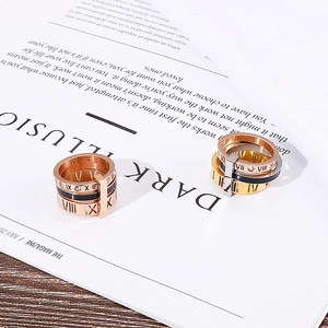 Macro shot of stacked Roman numeral rings with zircon inlay on a white magazine background