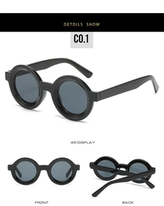 Detailed multi-angle view of vintage round sunglasses with black frames and dark lenses