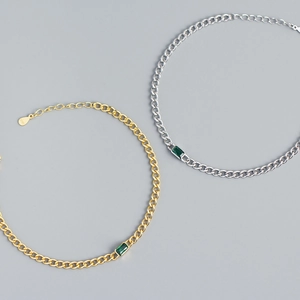 925 Sterling Silver Bracelet For Women Emerald Cut Green Gemstone Cuban Link Chain French Light Luxury Adjustable