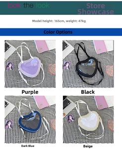 Collage of heart-shaped clear crossbody bags in purple, black, navy, and beige