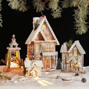 Luminous Christmas wooden snow house ornaments with warm LED lights and rustic snow decor