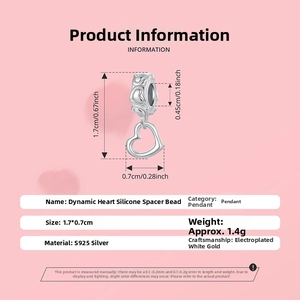 Detailed size specifications of S925 sterling silver heart silicone spacer bead and pendant