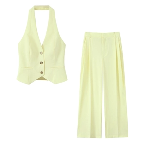 Damen Halter Top Und Weites Bein Hose Polyester Anzugstoff Hohe Taille Einfarbig Streetwear Lässig Elegant