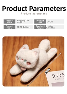Detailed specs of 26cm white plush cat slap bracelet made of soft faux rex rabbit fur