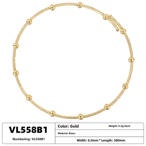 Detail view of gold brass beaded necklace with 6mm width and 380mm length specifications