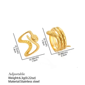 Adjustable gold plated stainless steel snake rings with textured spiral designs