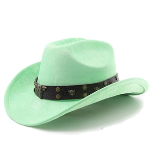 Detail of mint green suede cowboy hat featuring leather band with metal bull head and rivets