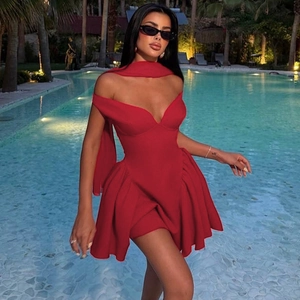 Close-up of red V-neck off-shoulder mini dress with tiered ruffle skirt and long scarf