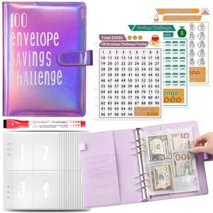 Savings Challenge Binder Budget Planner Holographic PU Leather Loose Leaf Cash Budgeting Organizer PVC Envelopes Marker