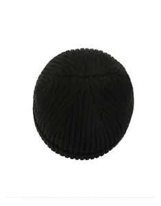 Top down view of black winter knit beanie showing thick ribbed texture and warm stitch detail