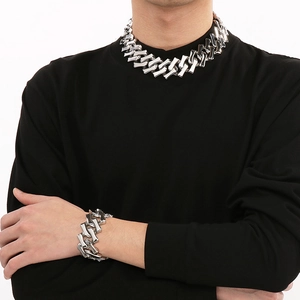 Ensemble collier et bracelet grosse chaîne cubaine en acier titane argenté pour hommes