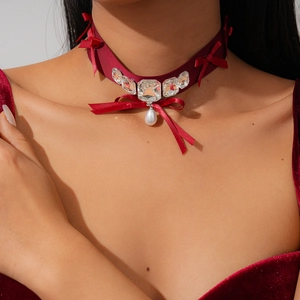 Collier Ras De Cou En Ruban Bordeaux Avec Cristaux De Verre Et Fausse Künstliche Perle Goutte Bijoux Vintage Doux Pour Femmes