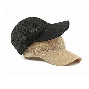 Breathable hollow knit baseball caps with sequins in black and beige for women