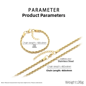 Detailed specs for gold stainless steel rope chain set with necklace and bracelet