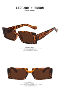 Side and front view of vintage leopard print rectangular sunglasses with brown lenses