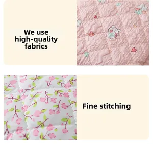 Detail of high-quality quilted fabric with cute cartoon bear and floral patterns