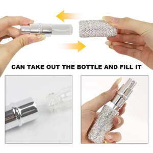 Detail showing the removable inner bottle of the silver rhinestone perfume atomizer