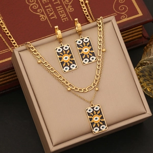 Bohemian gold double-layered necklace with sun and evil eye rectangular pendants