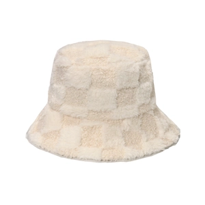 Chapeau bob d'hiver en peluche avec motif damier crème et texture douce imitation lapin