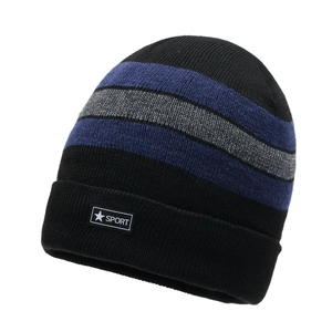 Winter fleece-lined knitted beanie with black and blue stripes and Sport tag