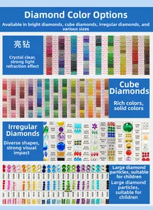 Size chart showing multi-colored crystal drills and special shaped diamonds for DIY kits