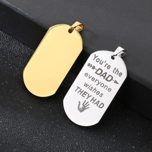 Detail of silver stainless steel dad necklace with laser engraved message and handprint