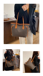 Three views showing a vintage brown geometric pattern large tote bag worn with a black blazer