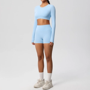 Detail of light blue two-piece yoga set with long sleeve crop top and high waist shorts