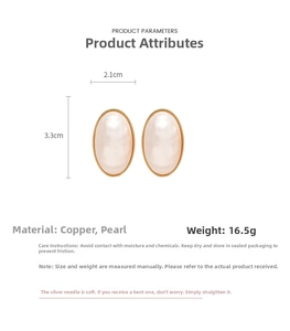 Detailed product specifications for vintage gold-plated oval pearl earrings with silver pins