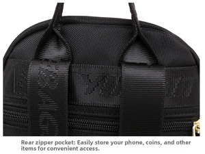 Detailed view of the anti-theft back zipper pocket on a black nylon backpack for women