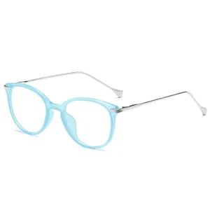 Minimalist cat-eye blue light glasses with light blue resin frame and silver metal temples