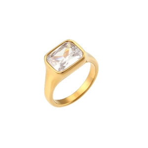 Vintage gold stainless steel ring with rectangular white zircon in a minimalist design