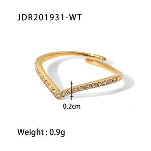 French style 18K gold plated titanium steel V-shaped ring with pavé zircon stones