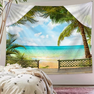 Detailansicht eines Strand-Wandteppichs mit Palmen für die Dekoration im Schlafzimmer