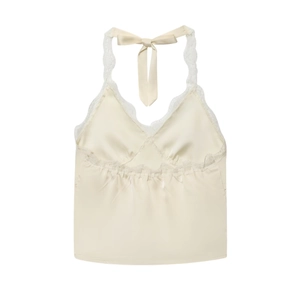 Chic beige satin halter top with delicate lace trim and neck tie-up bow detail