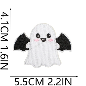 Detail of white ghost embroidery patch with black wings and specific size dimensions
