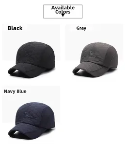 Quilted baseball caps with ear flaps in black, grey, and navy blue for winter warmth