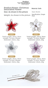 Detail of 23cm artificial Christmas flowers in glitter mesh fabric with size measurements