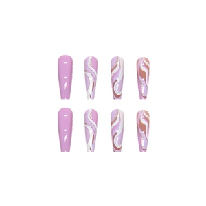 Long ballet press on nails with purple wavy marble patterns and glitter fragments
