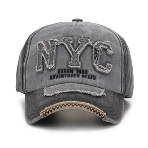 Retro grey NYC washed cotton baseball cap with urban embroidery and distressed details