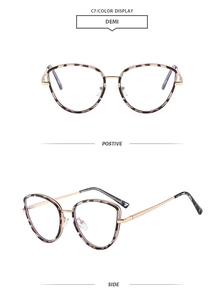 Detailed front and side views of demi cat-eye glasses with golden metal temples