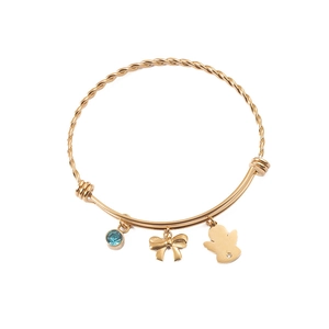 Gold titanium steel twist bracelet with blue birthstone, bow and angel charm pendants