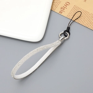 Luxury rhinestone-studded white leather wrist strap with durable metal clasp for phone